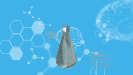 animación de la vuelta del frasco de ensayo, la cadena de adn y los diagramas cerebrales sobre un fondo azul