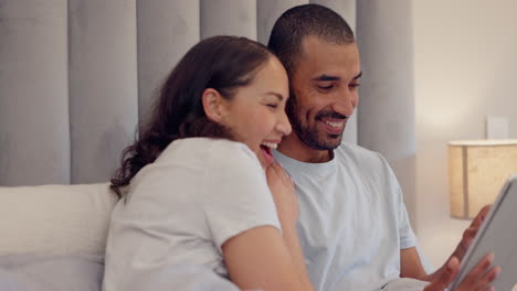 tablet, laughing or happy couple on social media