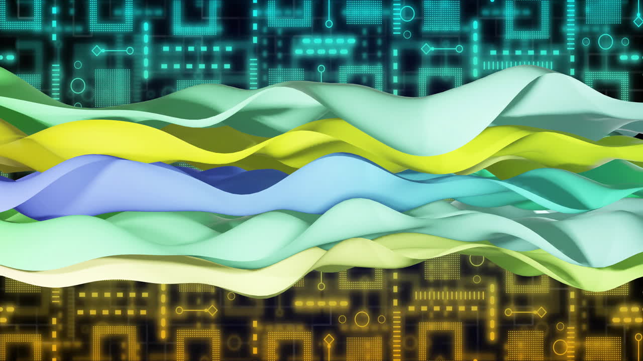 Animation of colourful shapes moving over network of connections