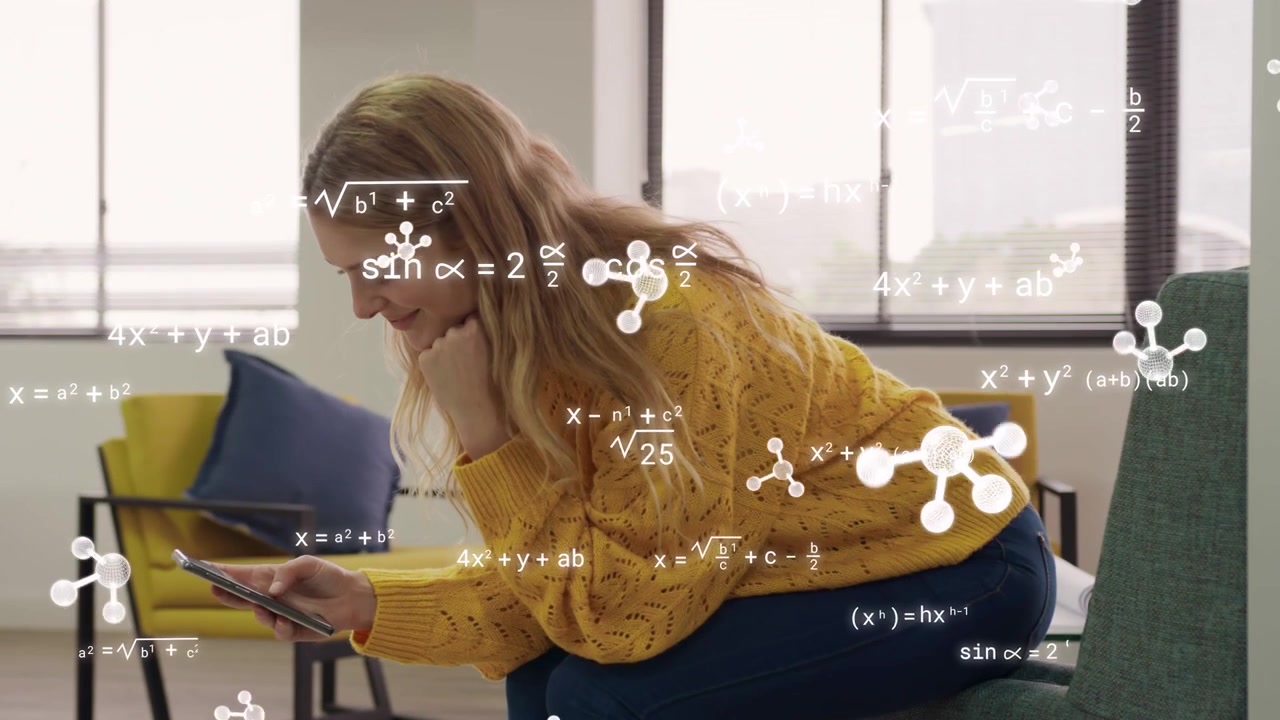 Woman tapping smartphone, leaning on chair, animating molecular models and formulas for science