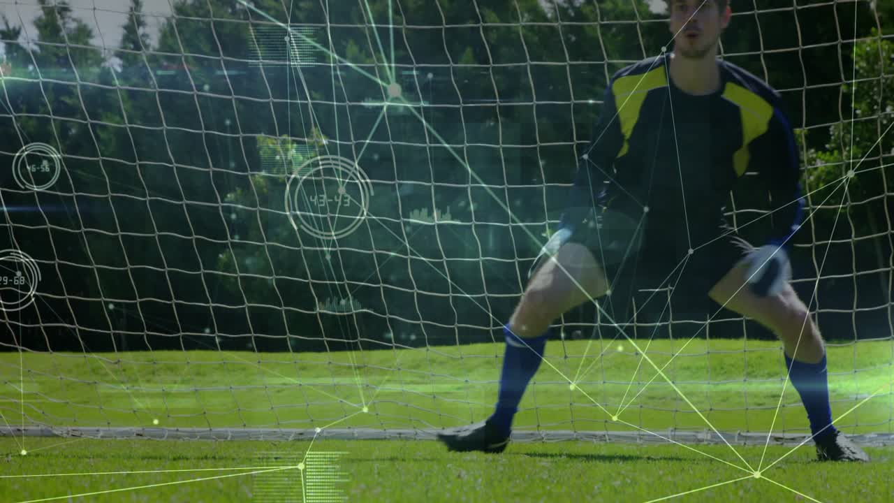 Goalkeeper diving, falling, trying to save goal after shot from left, sports HUD tracking ball path
