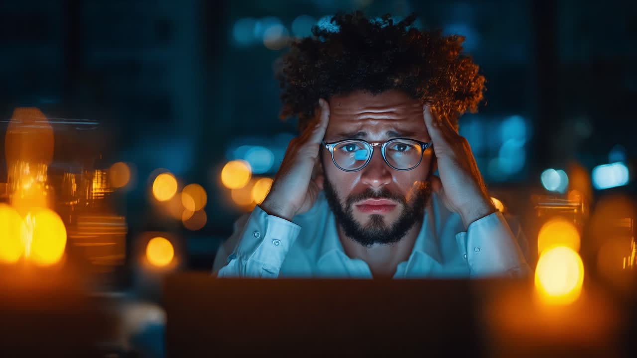 A Frustrated Man Stares at His Laptop, Surrounded by Flickering Candlelight, Capturing a Moment of Stress and Introspection in a Dimly Lit Space