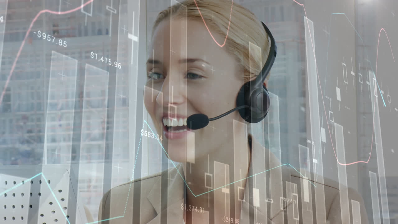 Animazione di elaborazione di dati finanziari e statistici su una donna d'affari con cuffie telefoniche