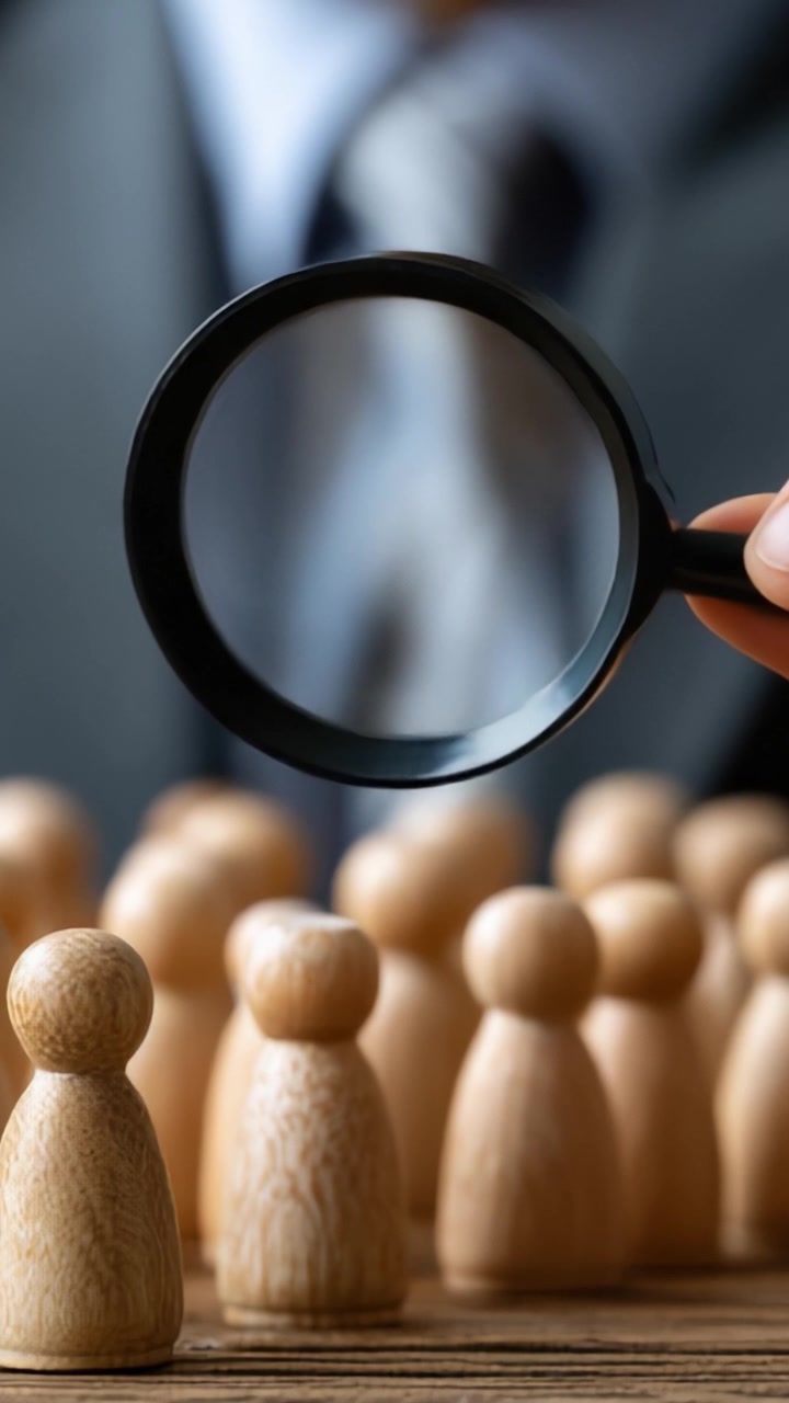 Analyzing a Group of Wooden Figures Through a Magnifying Glass to Illustrate Attention to Detail and Evaluation in Decision-Making Processes