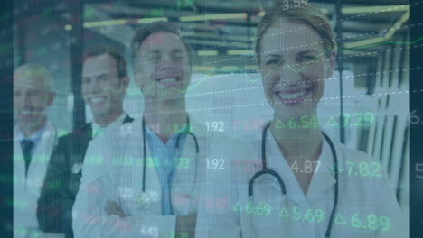 animation of data processing over diverse doctors smiling