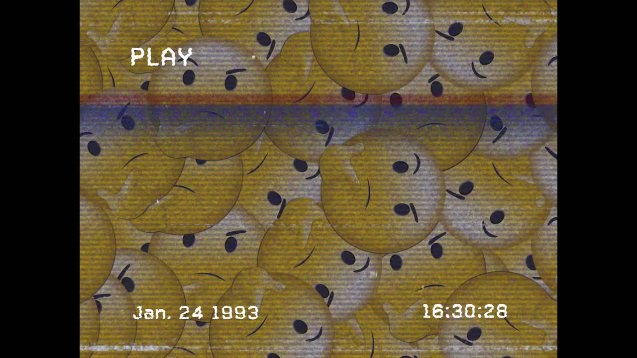 animación digital de vhs efecto de falla sobre varios emojis de pensamiento que caen sobre un fondo negro