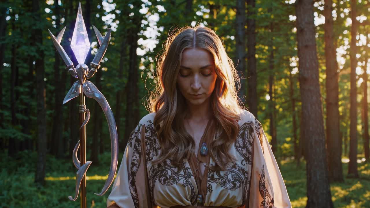 Una scena mistica in una foresta con una donna in abiti sontuosi che tiene un bastone