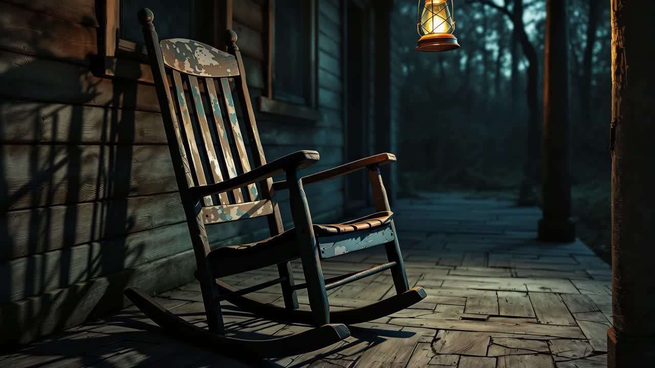 Rocking chair on porch illuminated by lantern, showcasing tranquil evening atmosphere