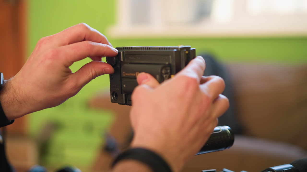 close-up shot of hands adjusting camera setup, mounting gear for filming. preparing equipment for video production, adjusting camera on tripod for professional video recording
