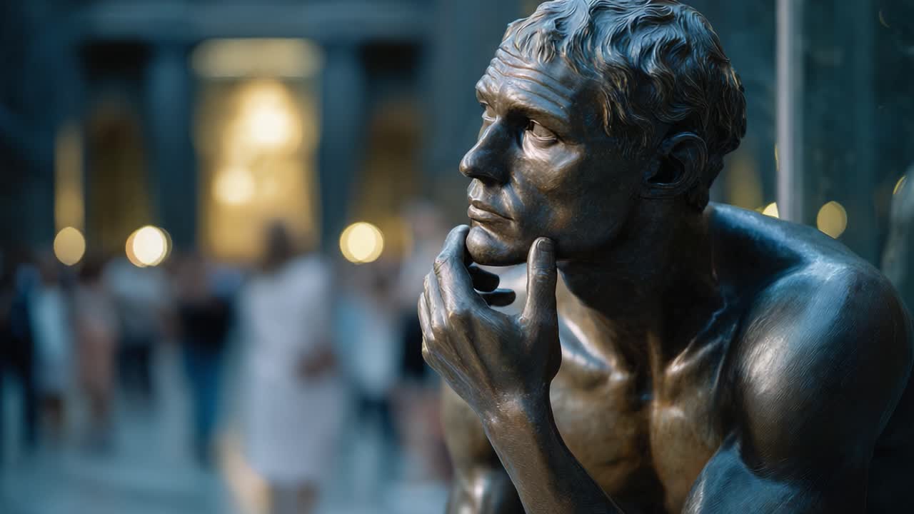 A contemplative sculpture evokes thoughts and reflections in a busy gallery, capturing the essence of human introspection amid modern distractions of society