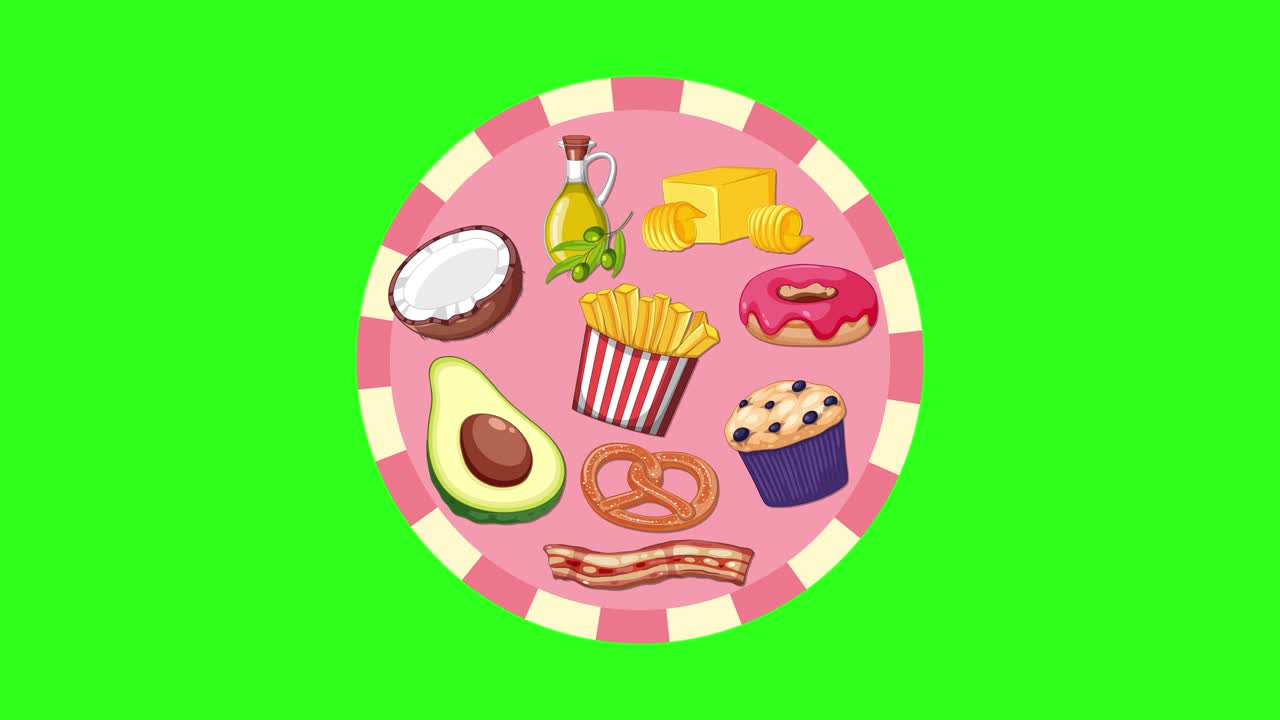 Fat-rich foods rotate smoothly on a vibrant green background, emphasizing colorful, cartoon-style illustration