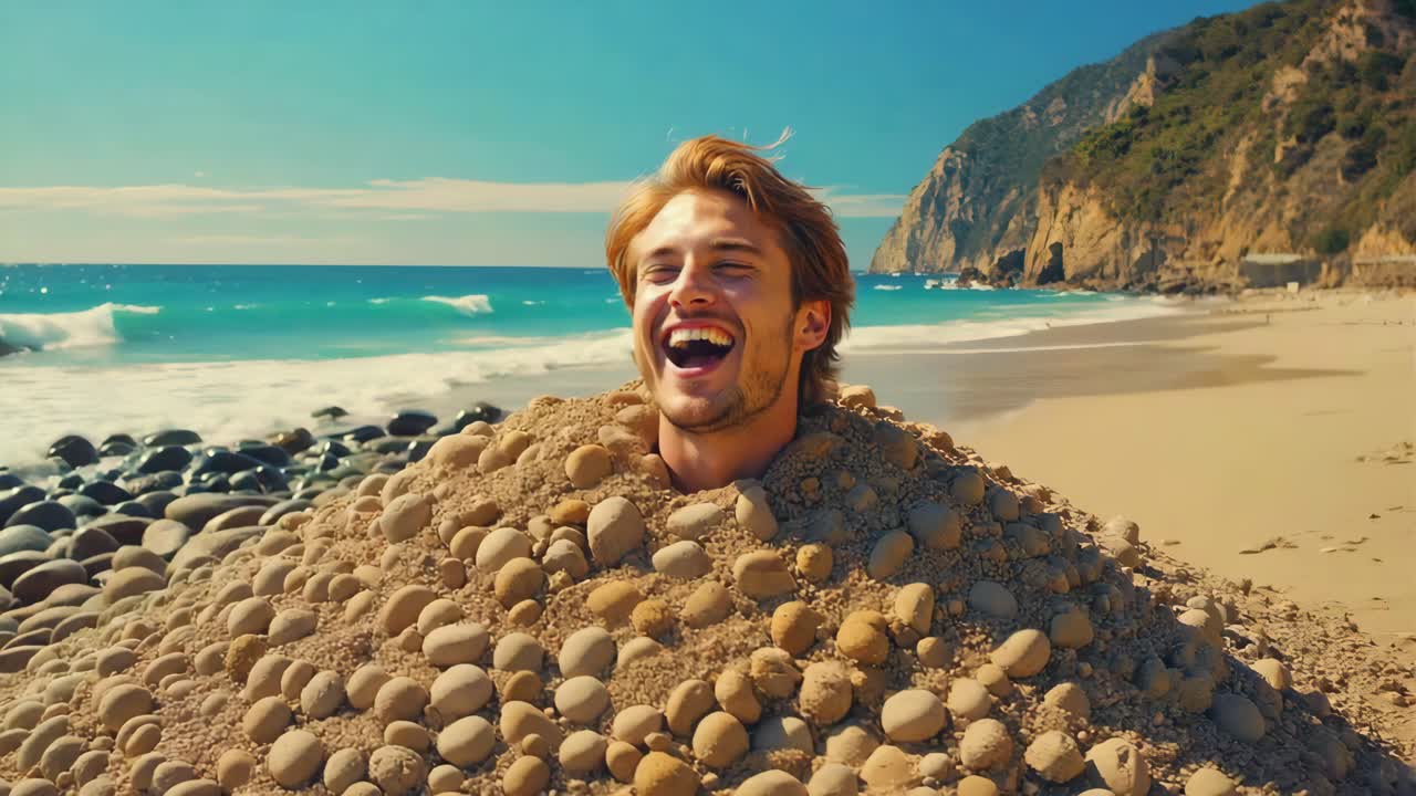 Man buried in sand on a beach