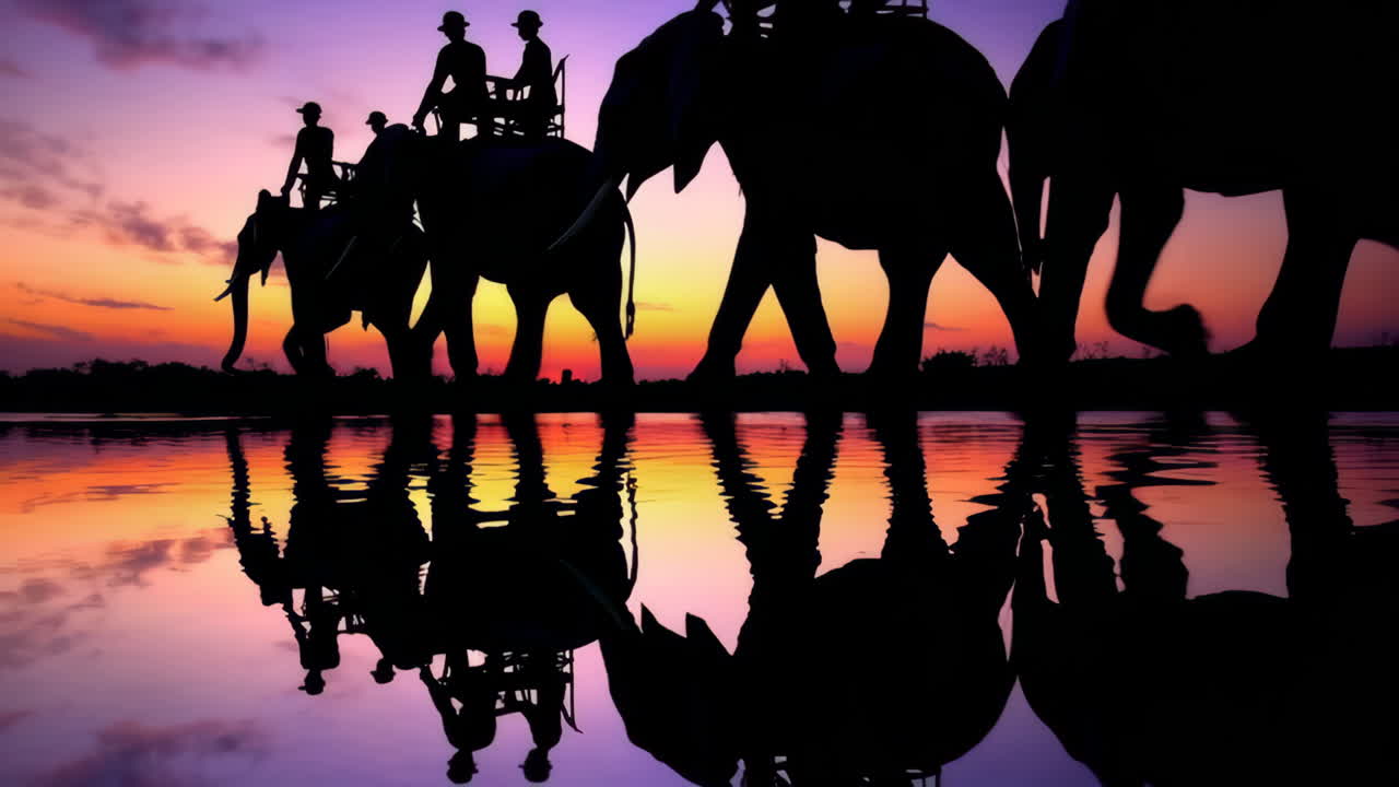 Silhouette of Elephants at Sunset