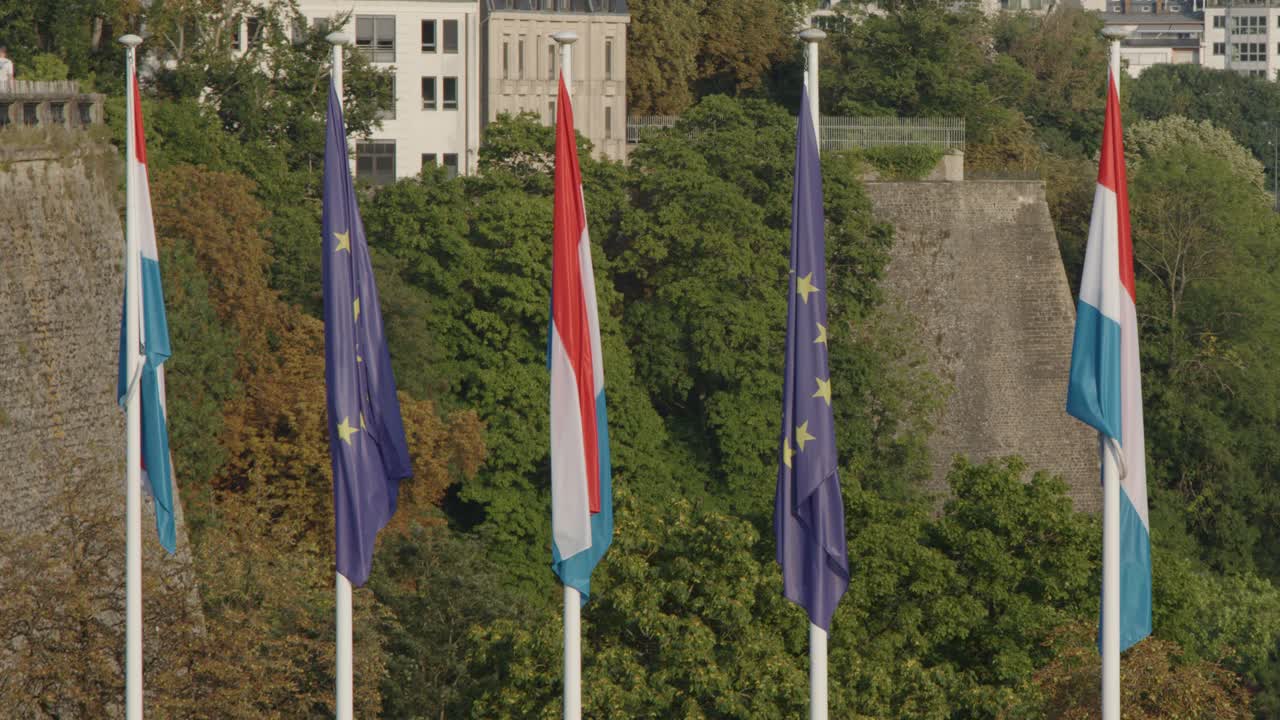 Luxembourg and EU flags wave outdoors, daylight, gentle wind, cityscape and greenery background