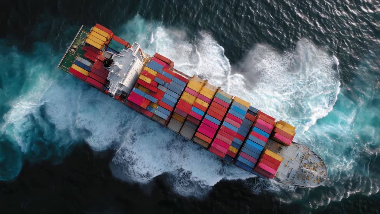 An Impressive Aerial View of a Cargo Ship Navigating Through Turbulent Waters, Showcasing an Array of Colorful Shipping Containers in Smooth Motion