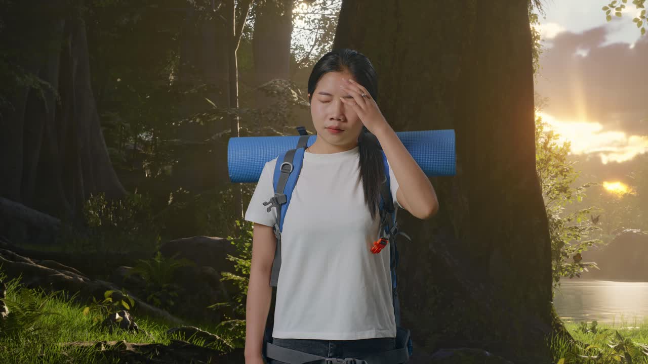 산악 배 을 들고 있는 아시아 여성 하이커 가 숲 의 자연 을 탐험 하는 동안 두통 을 고 있다