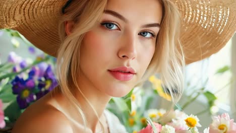 a woman in a straw hat holding a bouquet of flowers