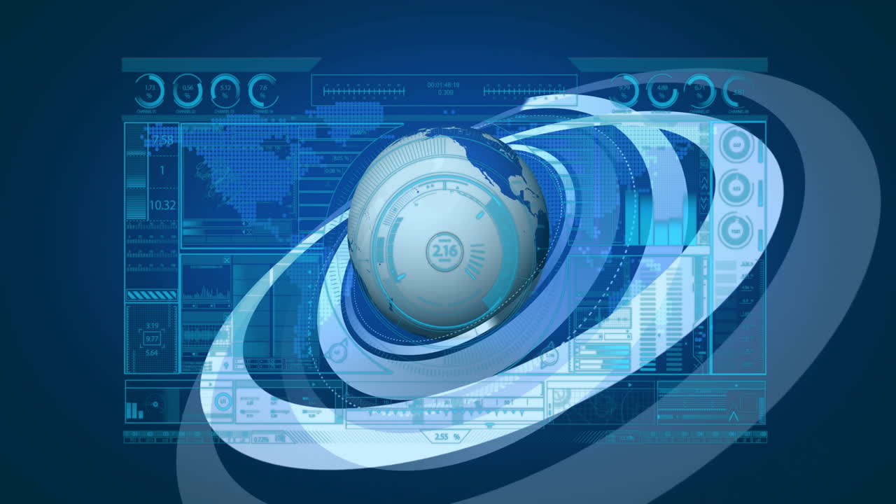 회전하는 지구와 데이터 차트, 미래 기술 인터페이스 애니메이션