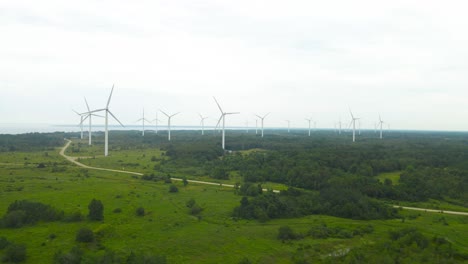 aerial drone footage flying in front of a large wind turbine farm or park on a cloudy and foggy paldiski peninsula with green grass, trees and gravel roads visible on the ground. blades spinning slow