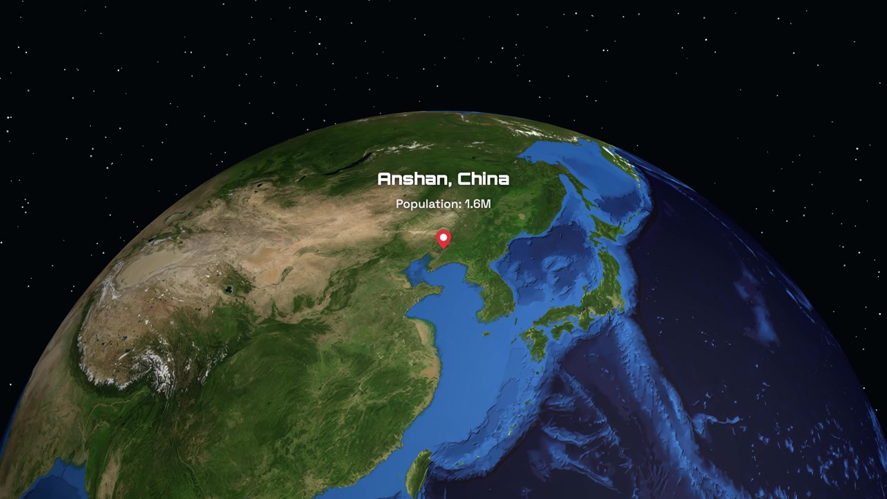 Digital globe rotates and zooms into Anshan China with text displaying city population statistics