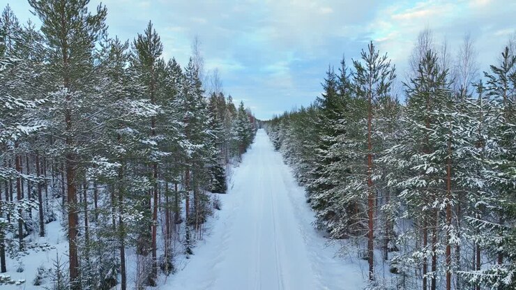 Dronevideo over en vej, der løber gennem den arktiske skov om vinteren.