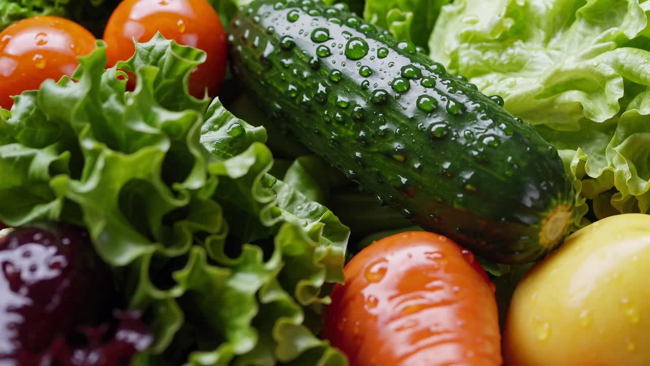 Close-up video of fresh vegetables, including lettuce, cucumber, and tomatoes, showcasing vibrant