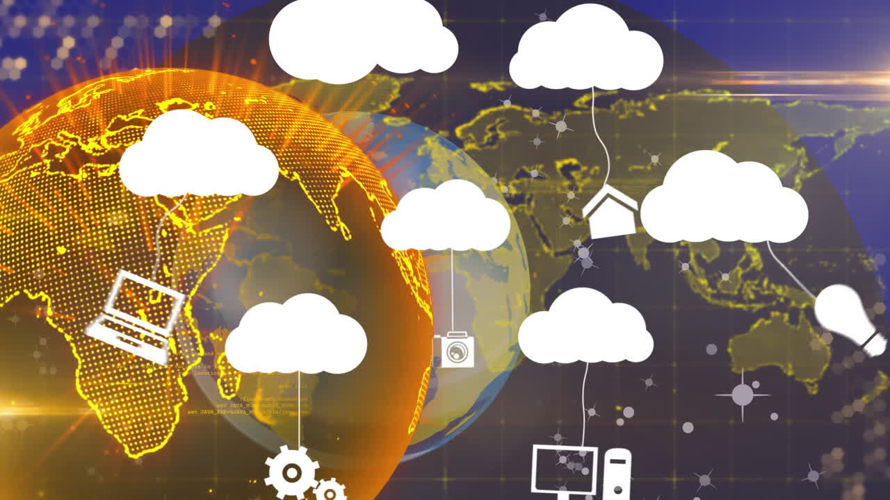 구름과 디지털 아이콘의 애니메이션이 배경으로 회전하는 지구 위에 있습니다.