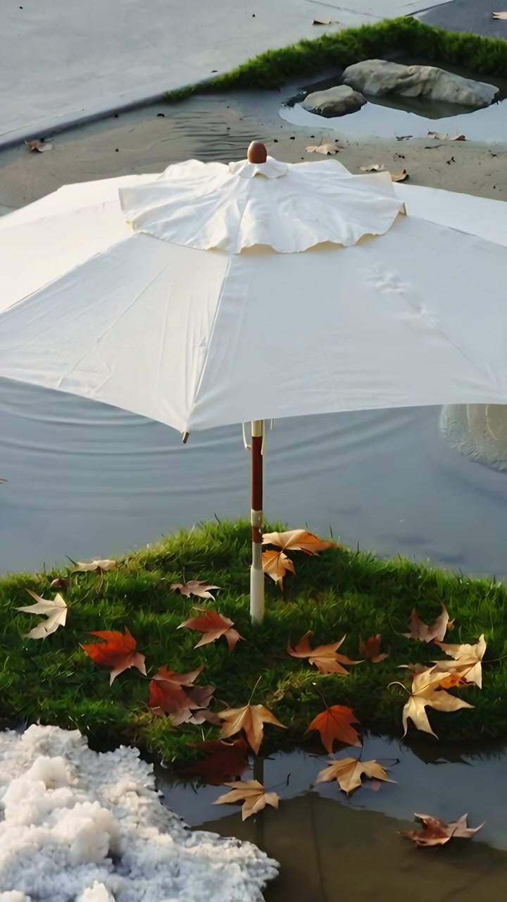 Video verticale: Inclinazione della telecamera che rivela un ombrellone bianco, un palo su un isolotto erboso, mostrando uno stagno e foglie.