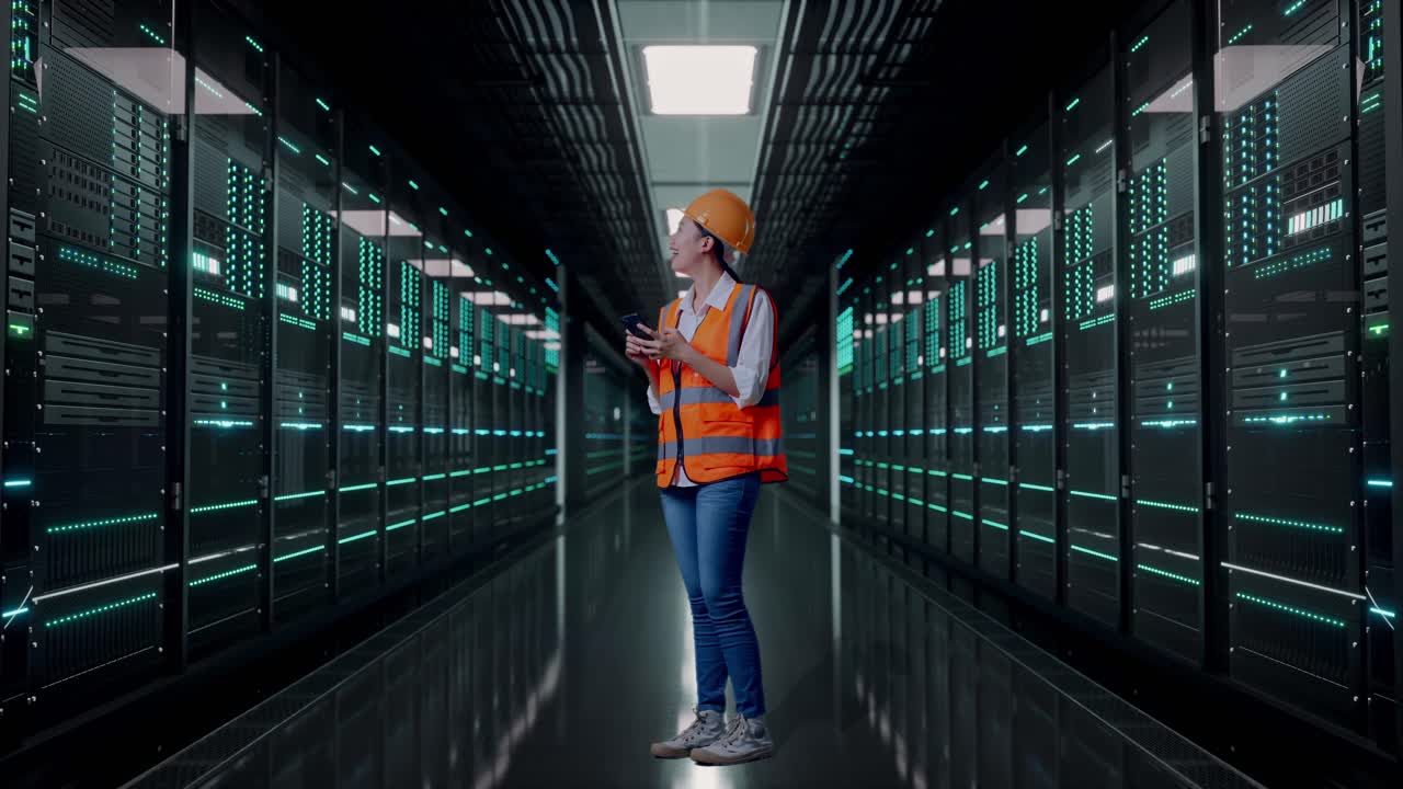 Full Body Side View Of Asian Female Engineer With Safety Helmet Using Smartphone And Looking Around While Standing in Server Room Data Center