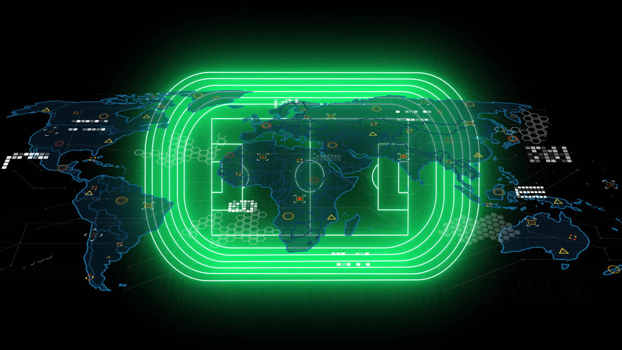 Glowing green digital interface with animation on futuristic world map