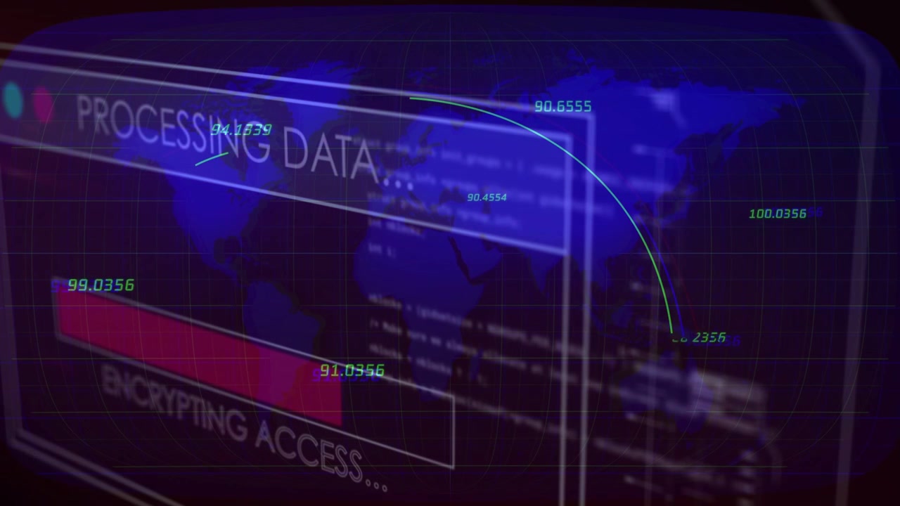 Translucent HUD sliding in, starting data arcs over world map and filling progress for encryption