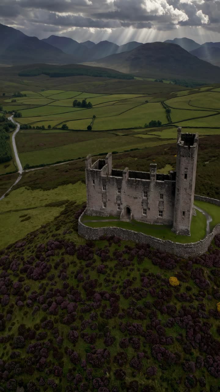 Vista aerea di un antico castello in pietra in cima a una collina, circondato da campi rigogliosi e montagne