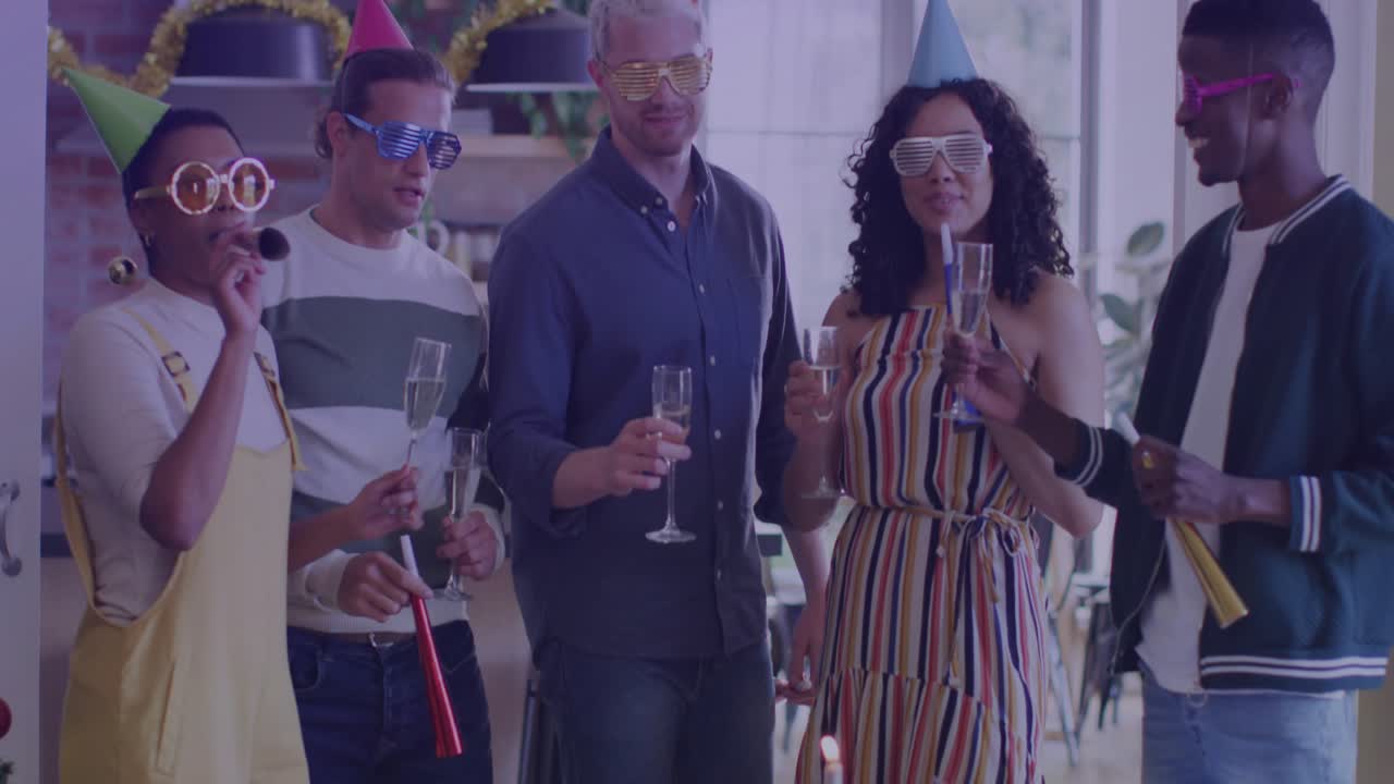 Office team raising glasses with host leading toast, phone filming as AR graphics overlaying scene