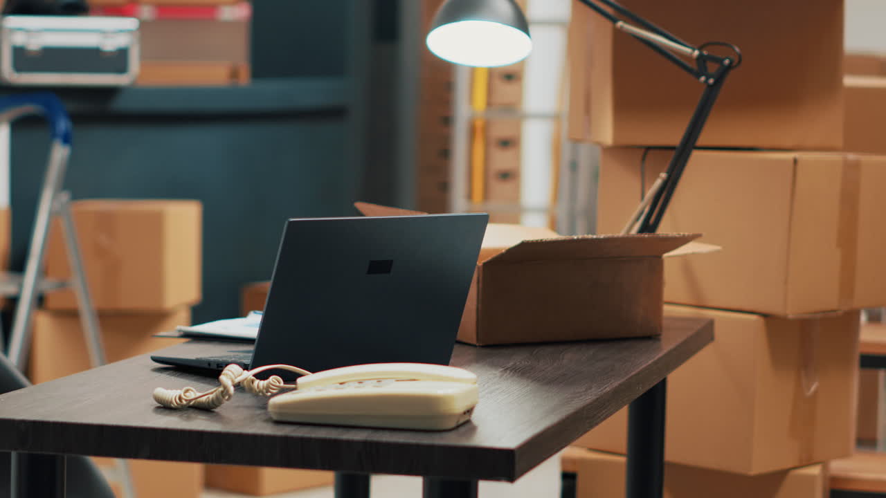 Warehouse office with boxes and laptop