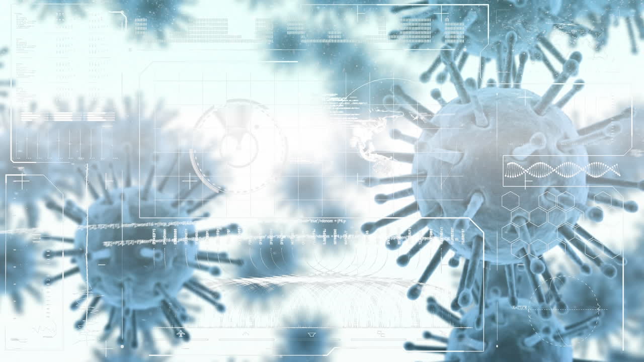 células de coronavirus que se propagan con el globo girando sobre un fondo blanco