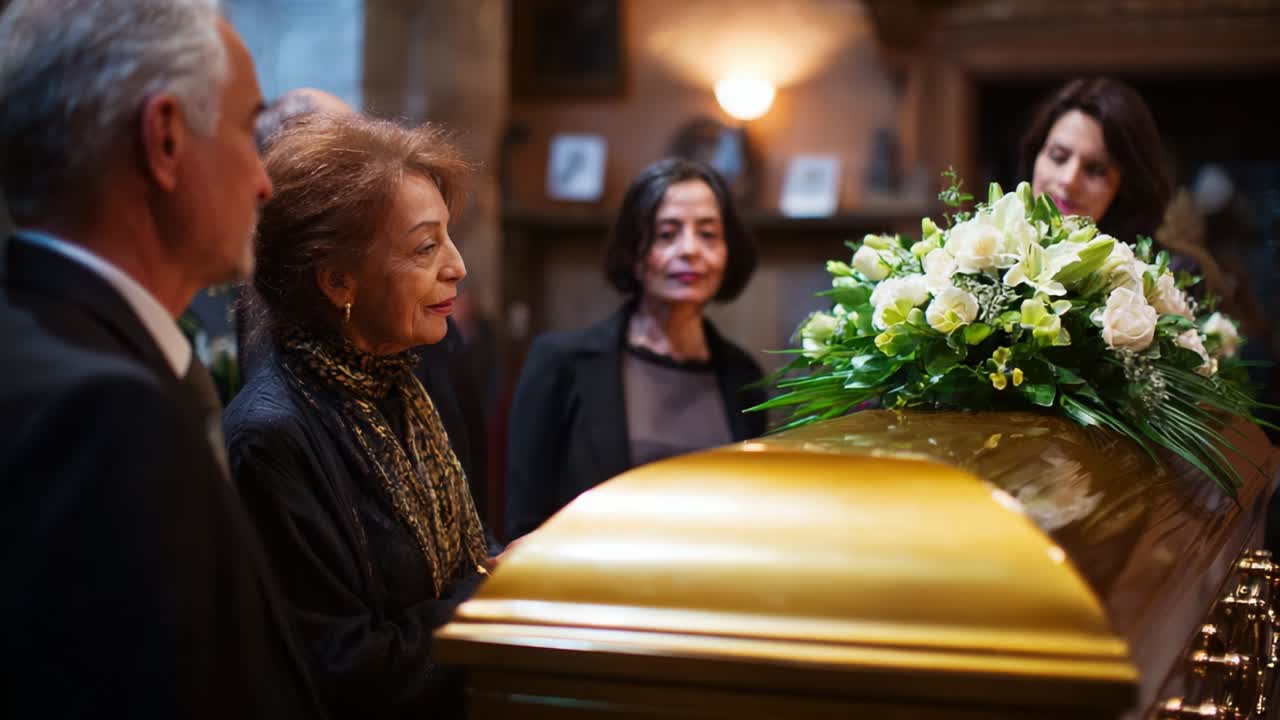 Un momento solenne di commemorazione, con i cari riuniti attorno alla bara dorata per porgere l'ultimo saluto in un ambiente profondamente emozionante, pieno di fiori e sincero dolore