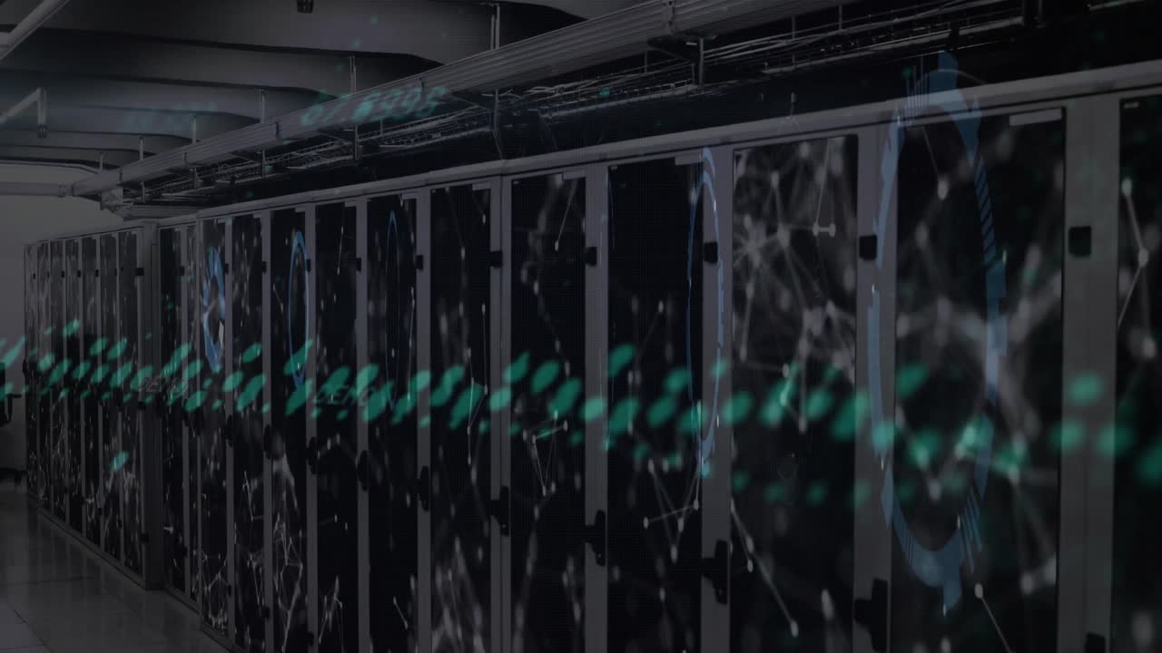 Animation of round scanners, data processing and network of connections against server room
