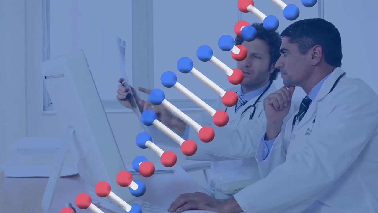animación de una doble hélice gráfica de adn que gira sobre médicos multirraciales que discuten rayos x médicos