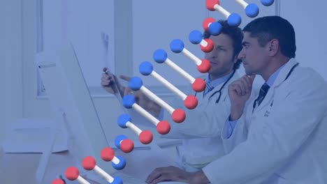 Animation-of-graphical-dna-double-helix-rotating-over-multiracial-doctors-discussing-medical-x-ray