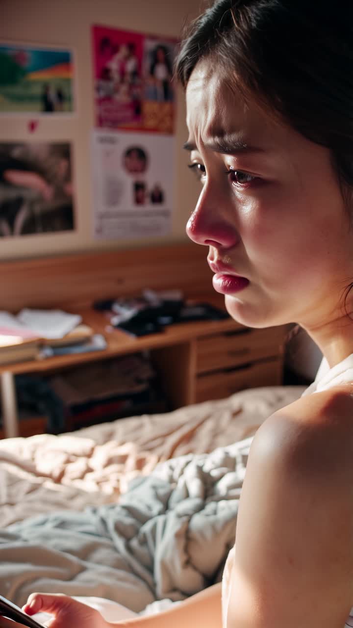 Worried Young Asian Woman Looking at Phone in Bedroom