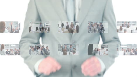 컨퍼런스에서 사업가들의 비디오를 선택하는 사람