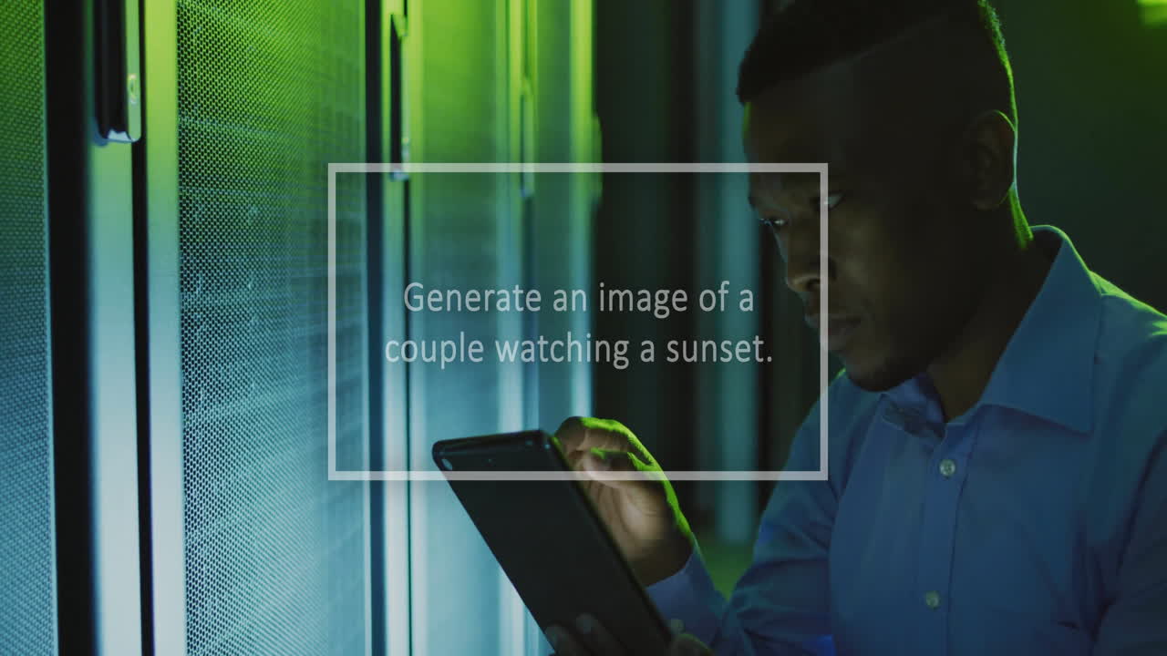 Animation of text on ai image generating interface over african american man using tablet