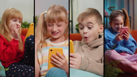 collage de personas felices niños niñas niños usan teléfonos móviles celebrando ganar buenas noticias jugar juegos