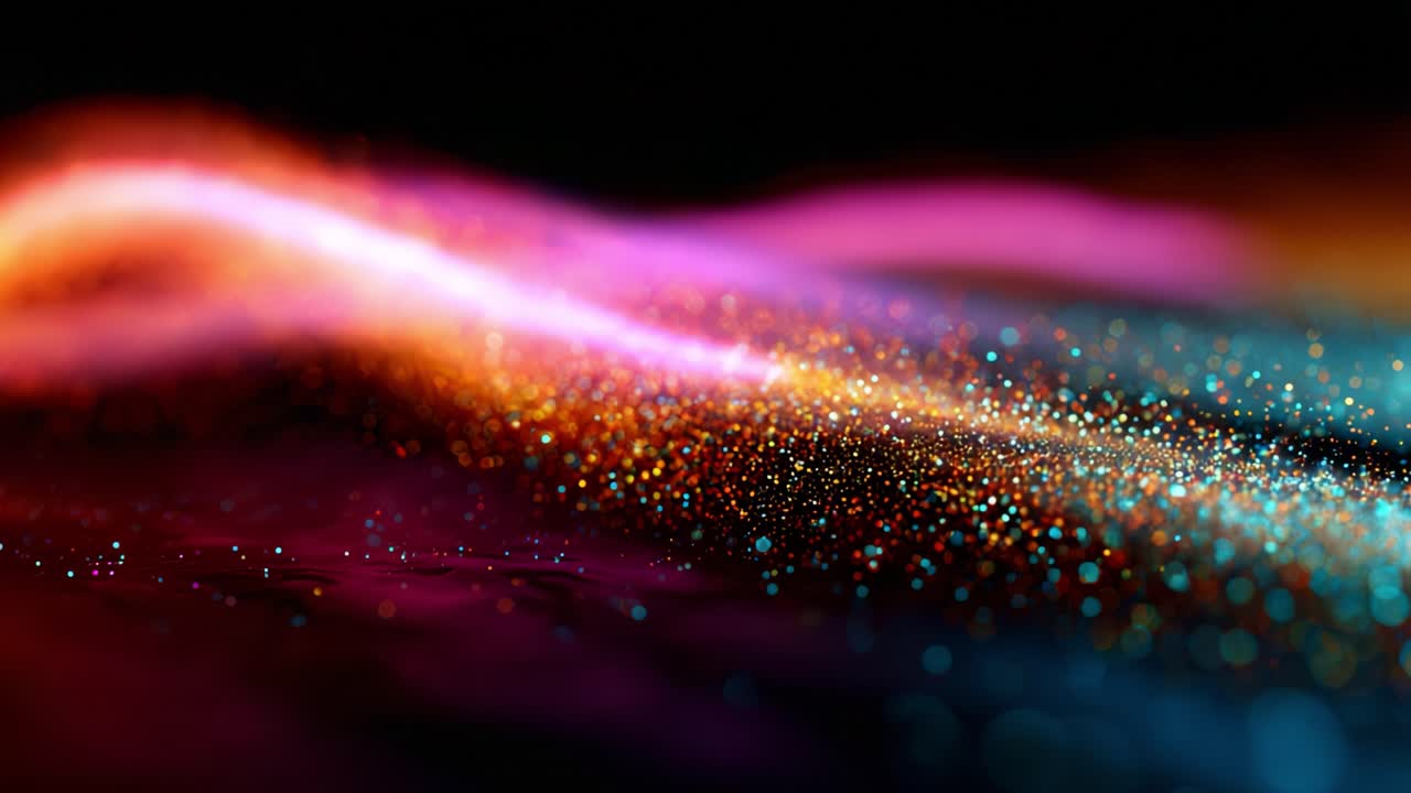 A mesmerizing dance of vibrant colors and luminous particles captures the essence of energy and motion, showcasing a magical blend of sparkling lights in an ethereal landscape