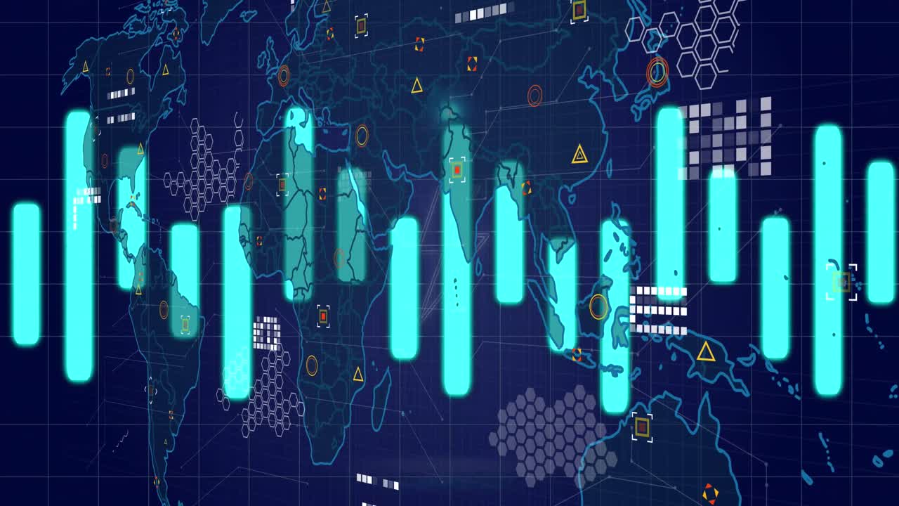 Animation of data processing over world map on black background