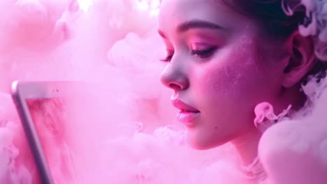 dreamy portrait of a young woman in pink haze