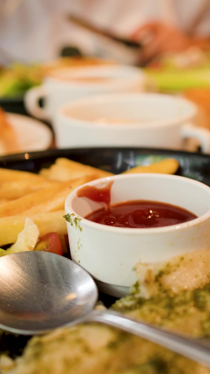 Un primo piano di patatine fritte, ketchup e insalata serviti su un tavolo da ristorante