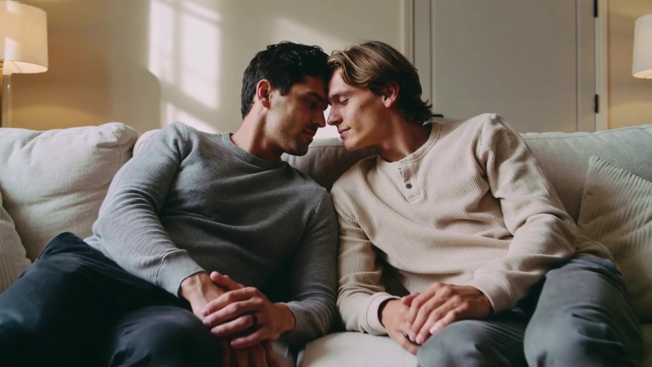 Leaning two men in sweaters reacting to close-up, showing affection in living room, by coffee table