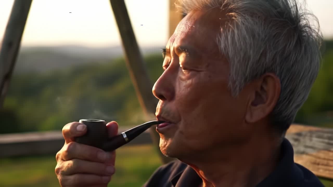 An Elderly Man Enjoys a Relaxing Moment with His Pipe, Embracing Nature's Serenity at Dusk, Capturing a Timeless Tradition of Reflection and Calmness