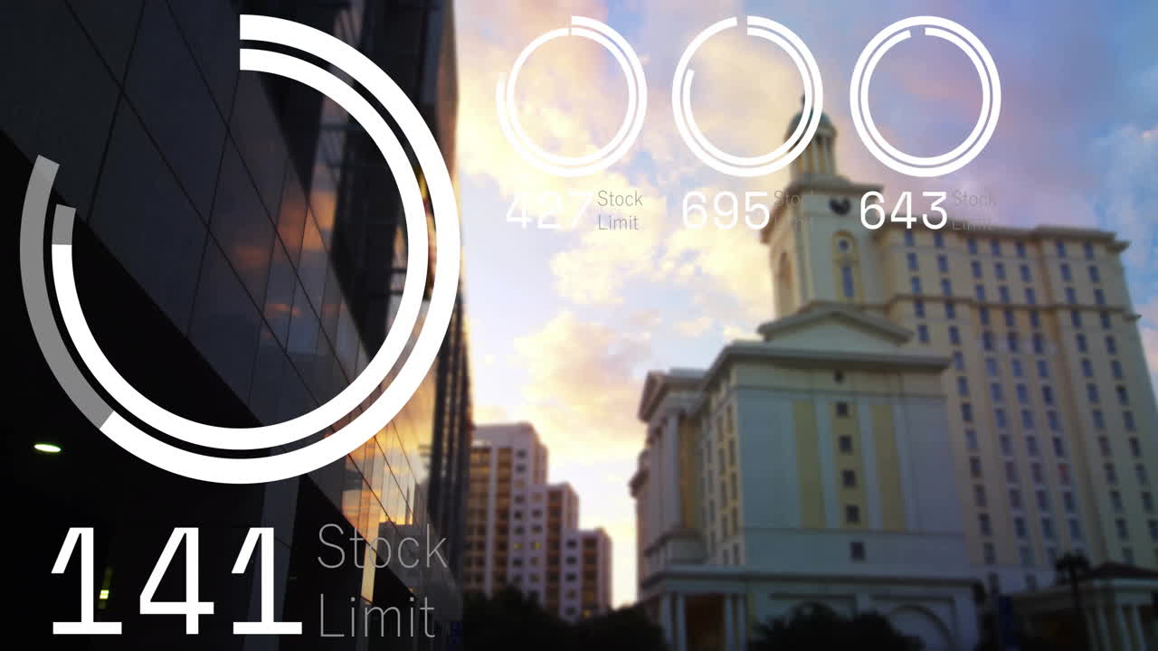 Stock limit data animation over cityscape with tall buildings at sunset